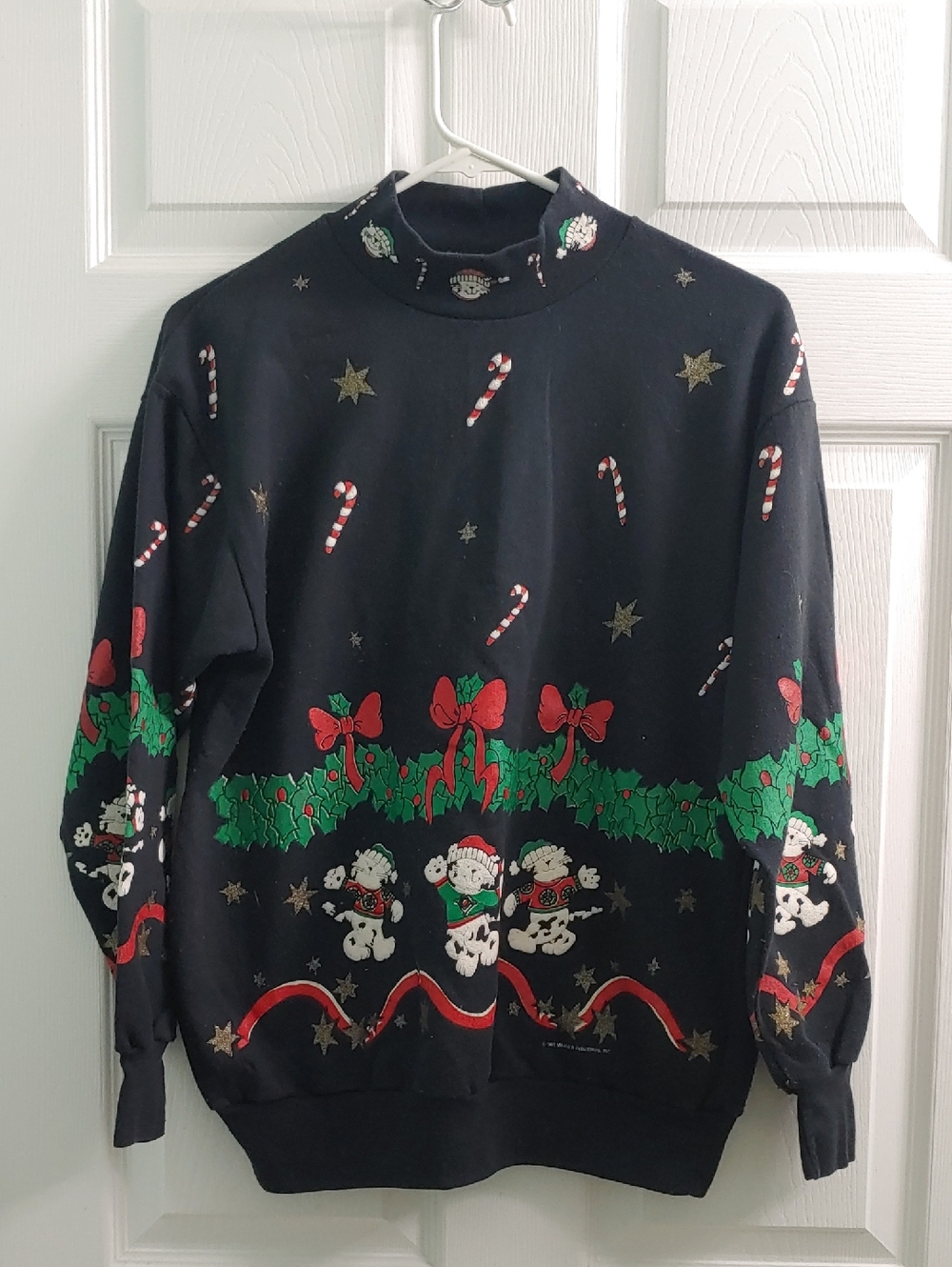 Vintage 90s Cat Christmas Sweater Black Mockneck Jane Colby Women's Size M